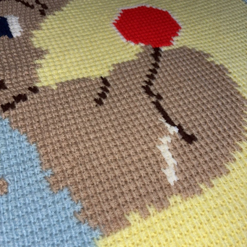 VTG Crochet/Knitted Teddy Bear In Overalls Baby‎ Blanket Throw Afghan 54